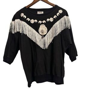 Hazelwood Vintage Fringe Boho Black Western Short Drop Sleeve Shirt  Large